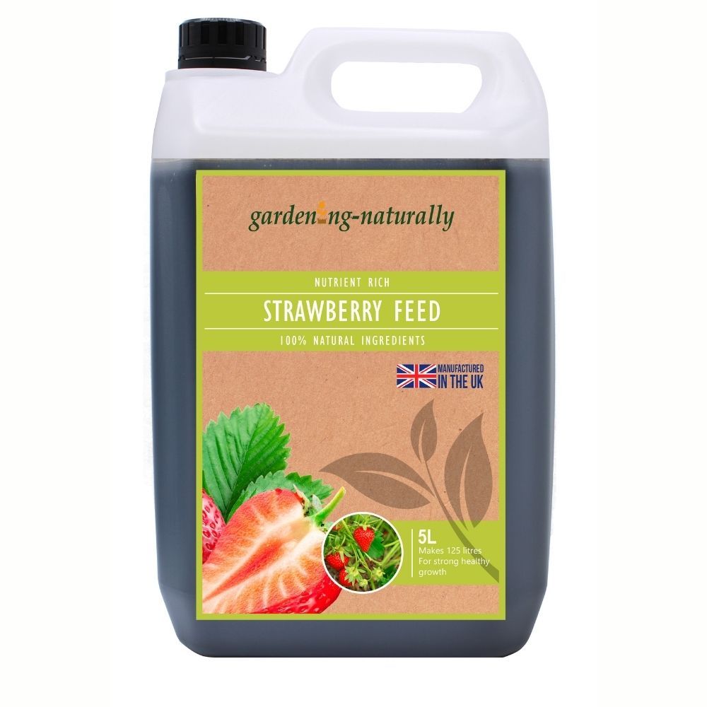 5L container of strawberry feed with a Gardening Naturally label on a white background