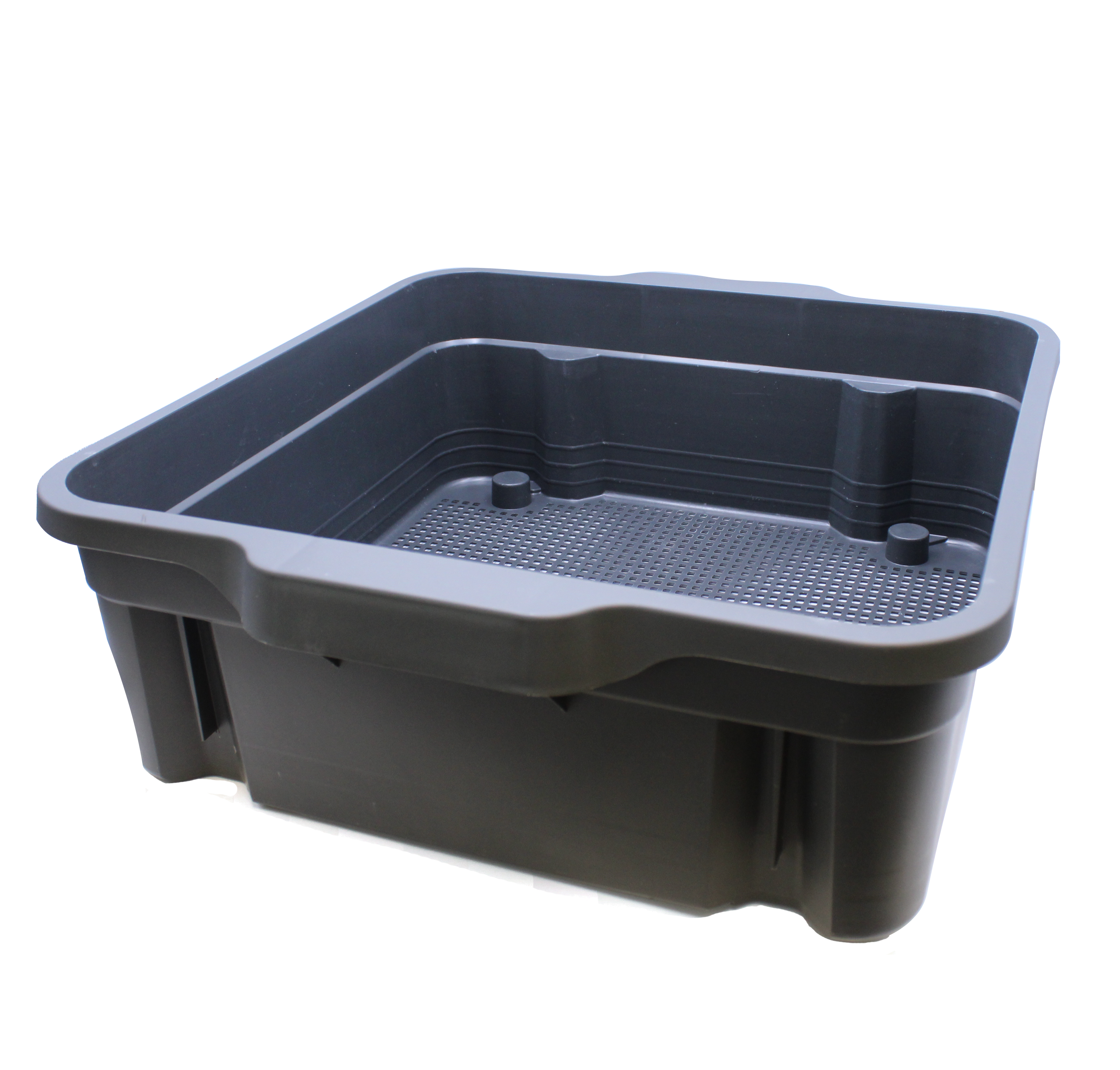 Gray plastic trough with drainage holes on a white background