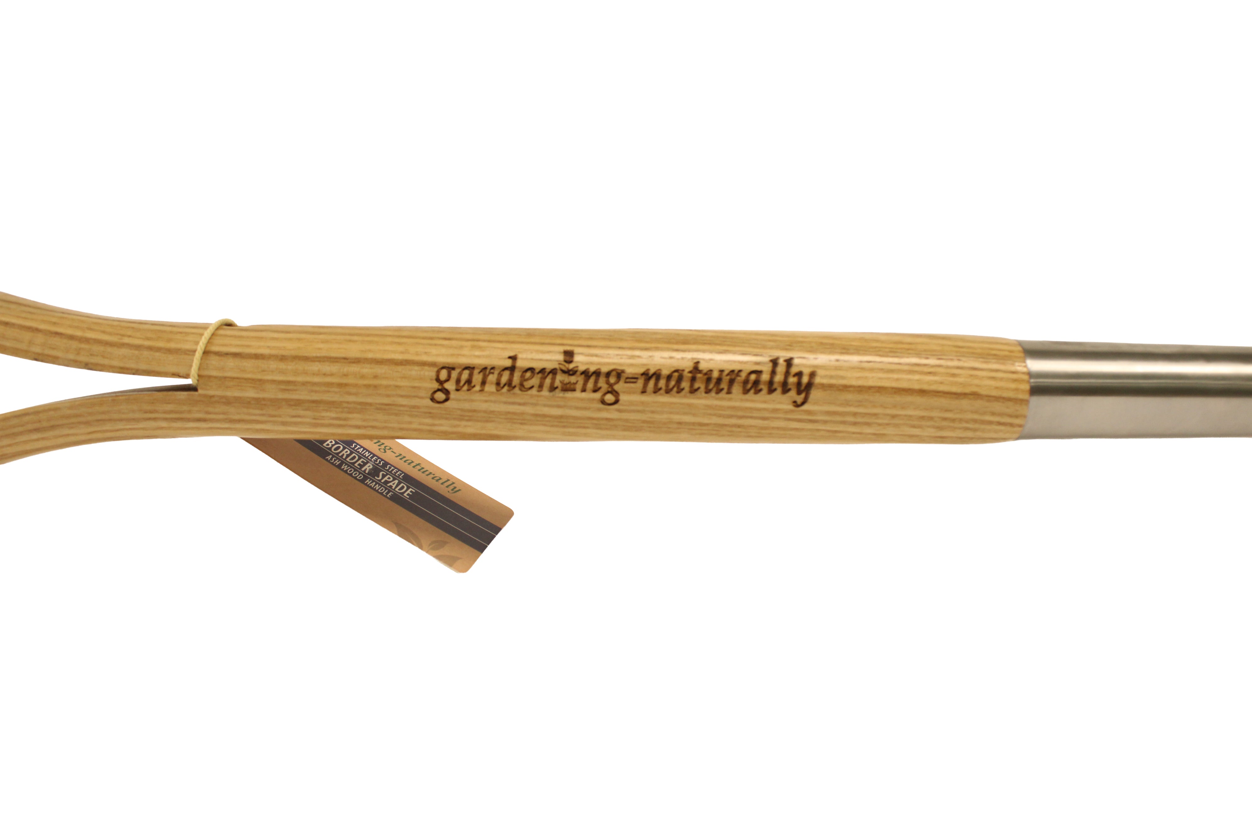 Wooden spade tool with 'gardening-naturally' branding on a white background