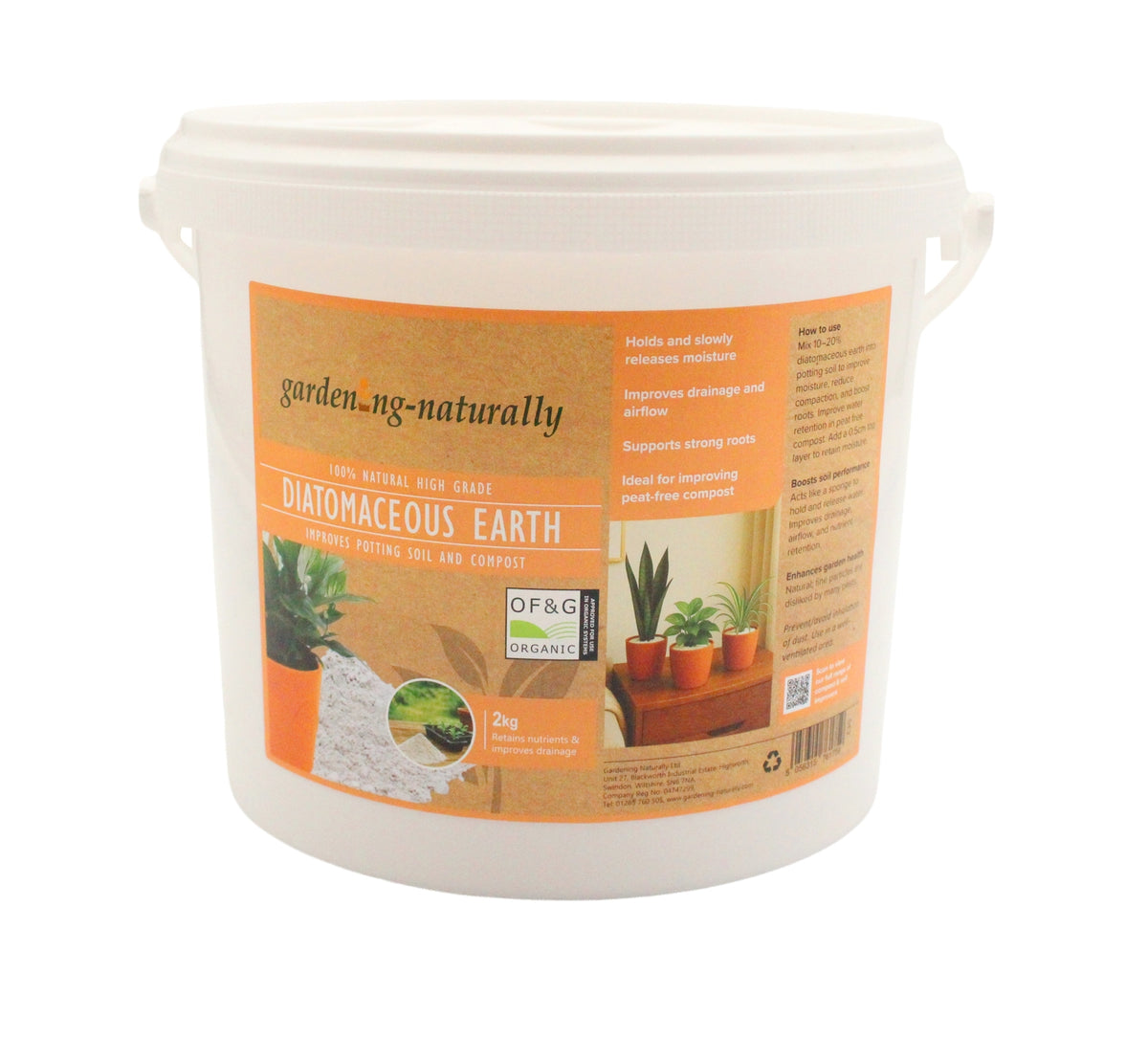 A white plastic bucket of garden-ng-naturally Diatonicous Earth organic potting mix, featuring an orange label with product details and potted plants.