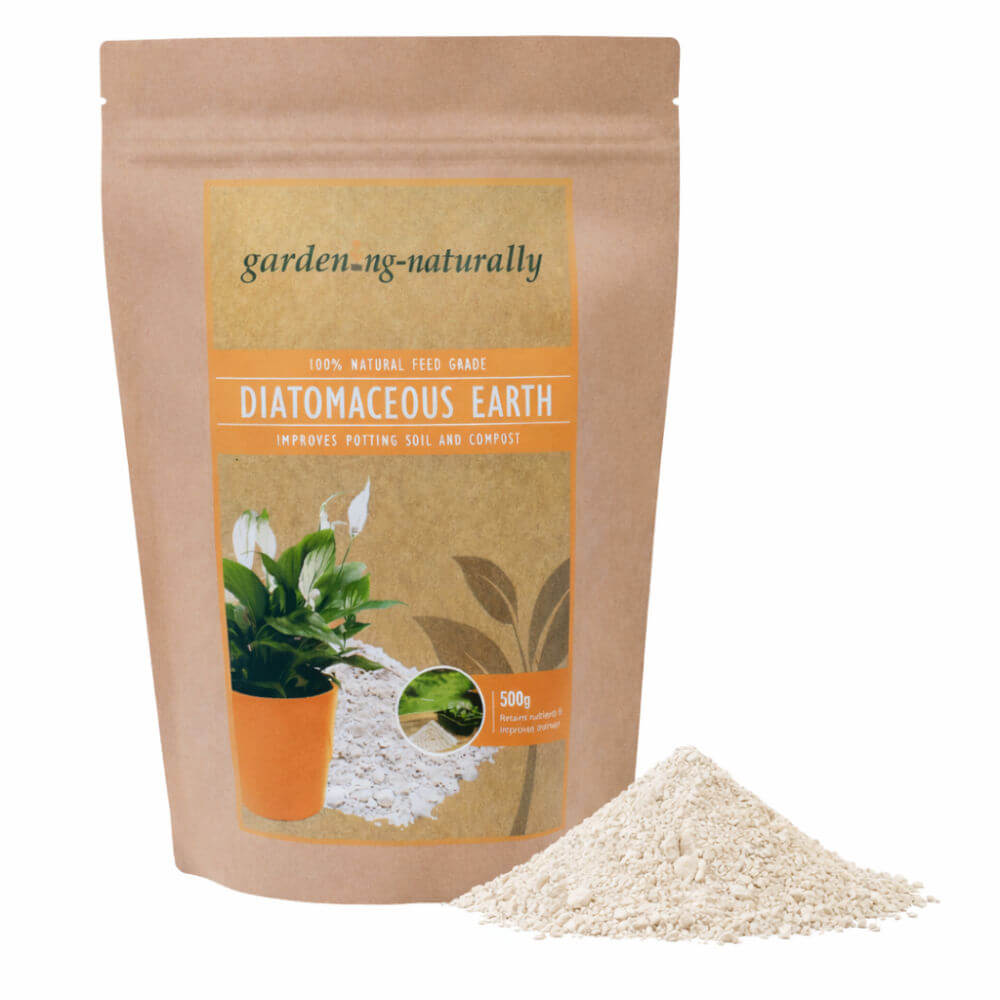 Bag of diatomaceous earth with a plant and soil illustration on a white background