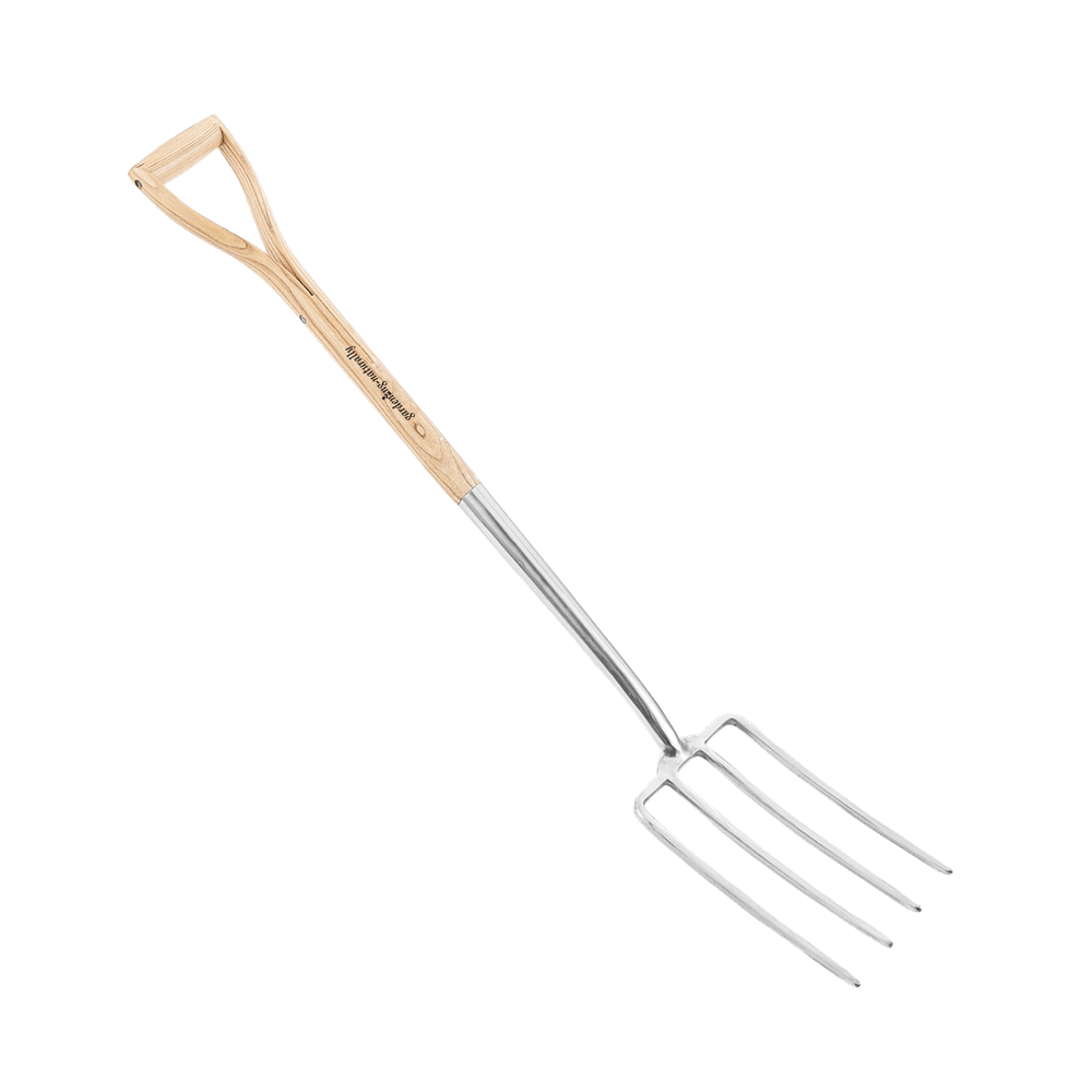 Metal garden fork on a transparent background with wooden handle