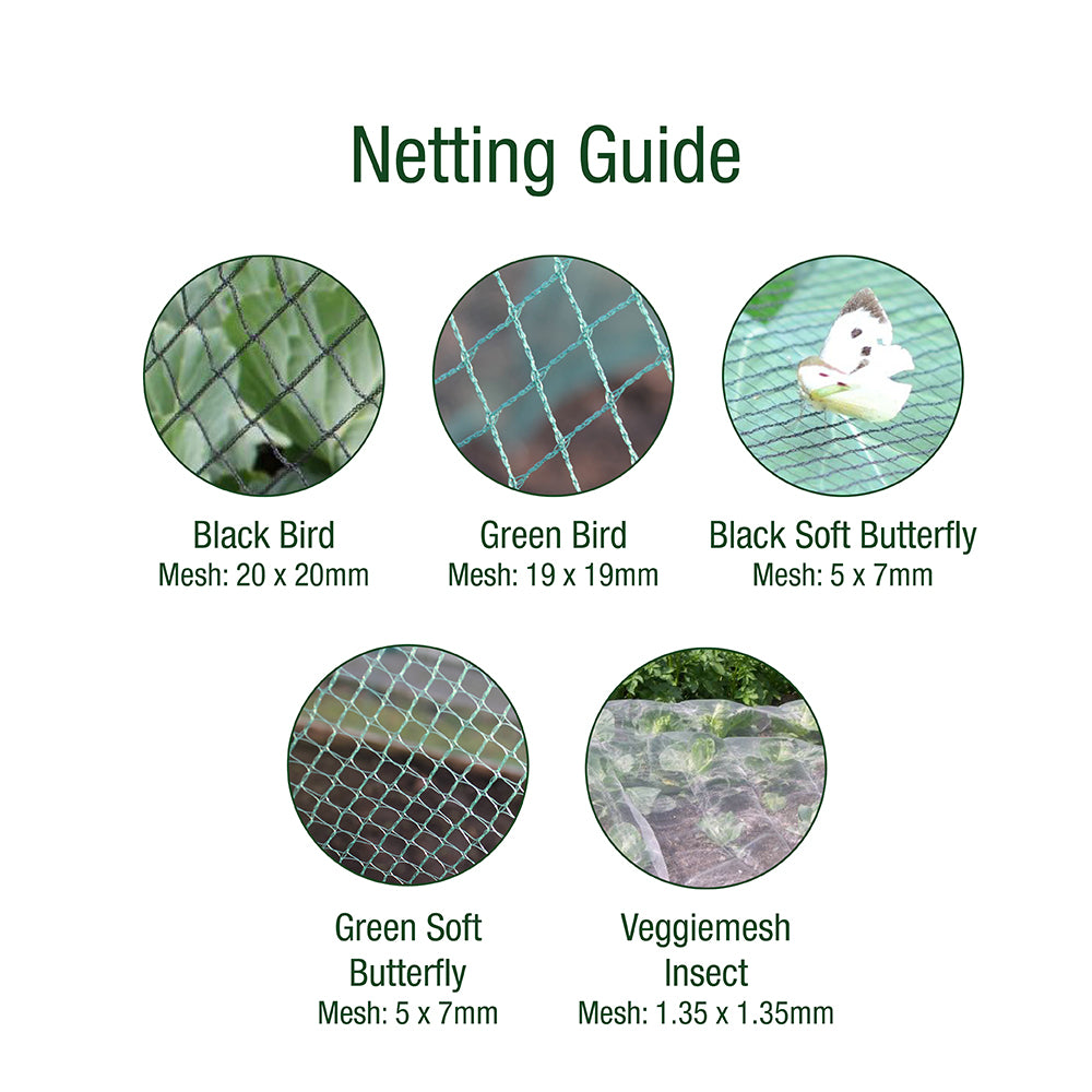 Netting guide with different types of netting for black bird, green bird, black soft butterfly, green soft butterfly, and veggie mesh insect.