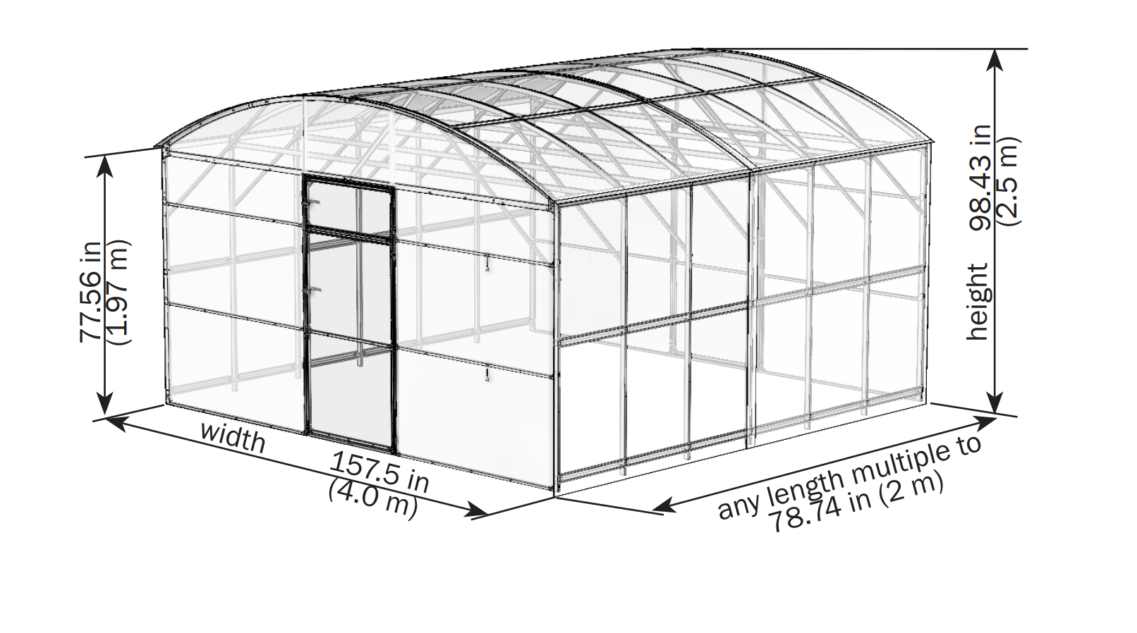 Diagram of a greenhouse with dimensions labeled