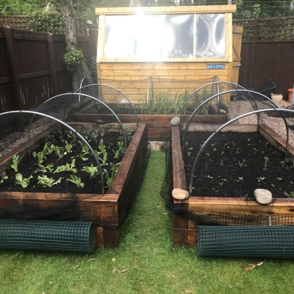 Two raised garden beds with aluminium hoops