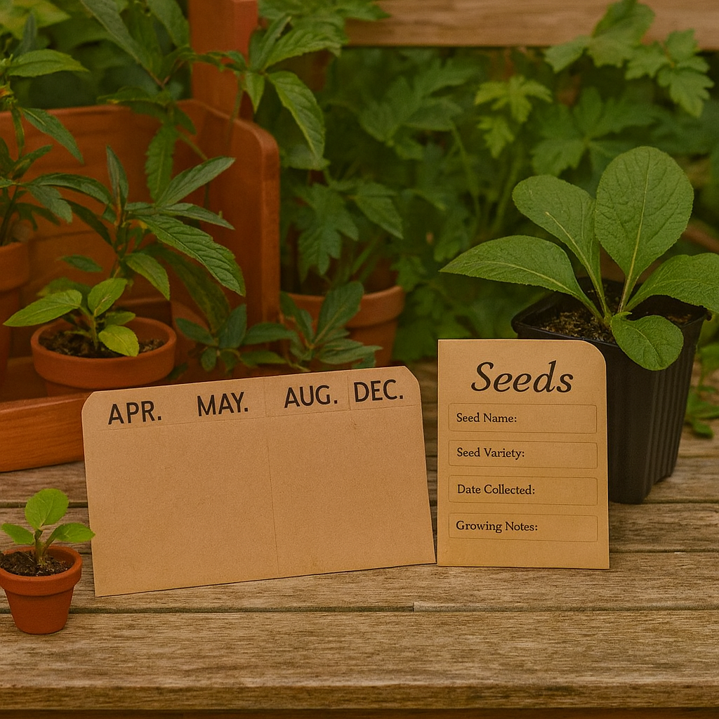 Seedling pots with seed tin dividers and seed envelopes on a wooden surface