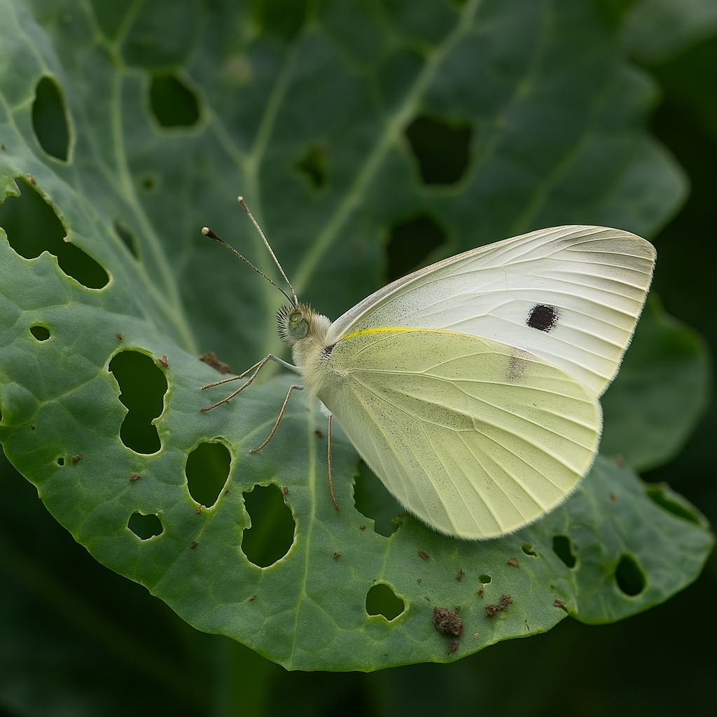 Cabbage white butterfly damage on brassica leaves in UK garden