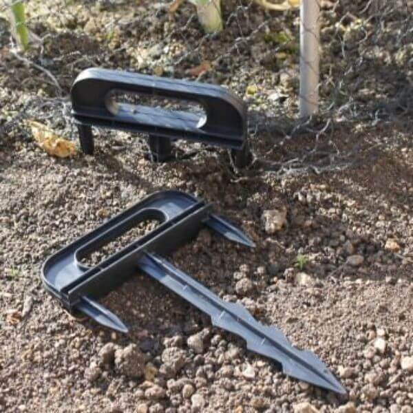 Two black tri pegs on a soil surface