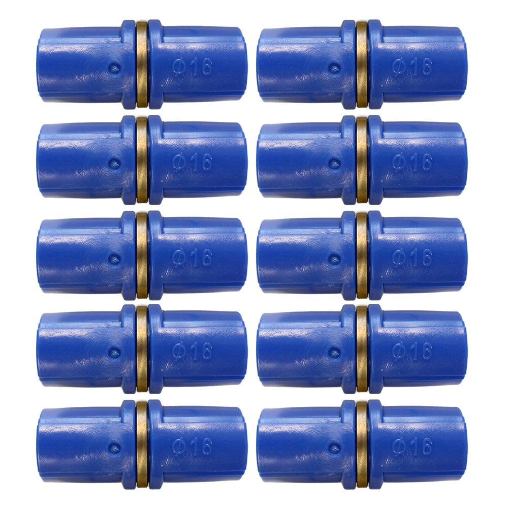 Nine blue plastic connectors with gold bands on a white background