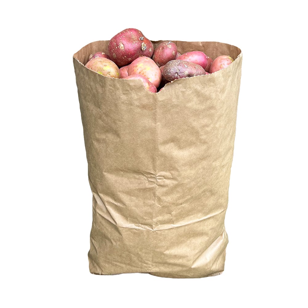large brown paper sack filled with potatoes