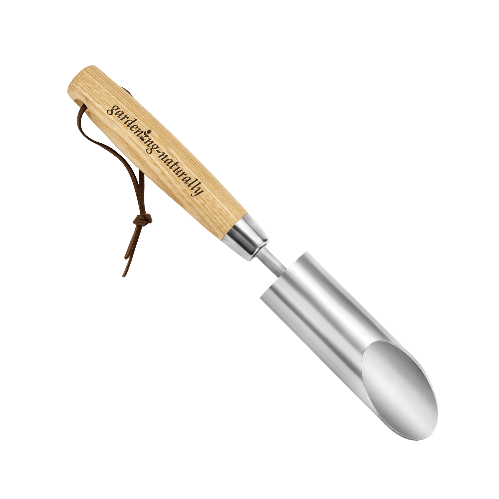 Gardening Naturally bulb planter with wooden handle and metal head on a white background