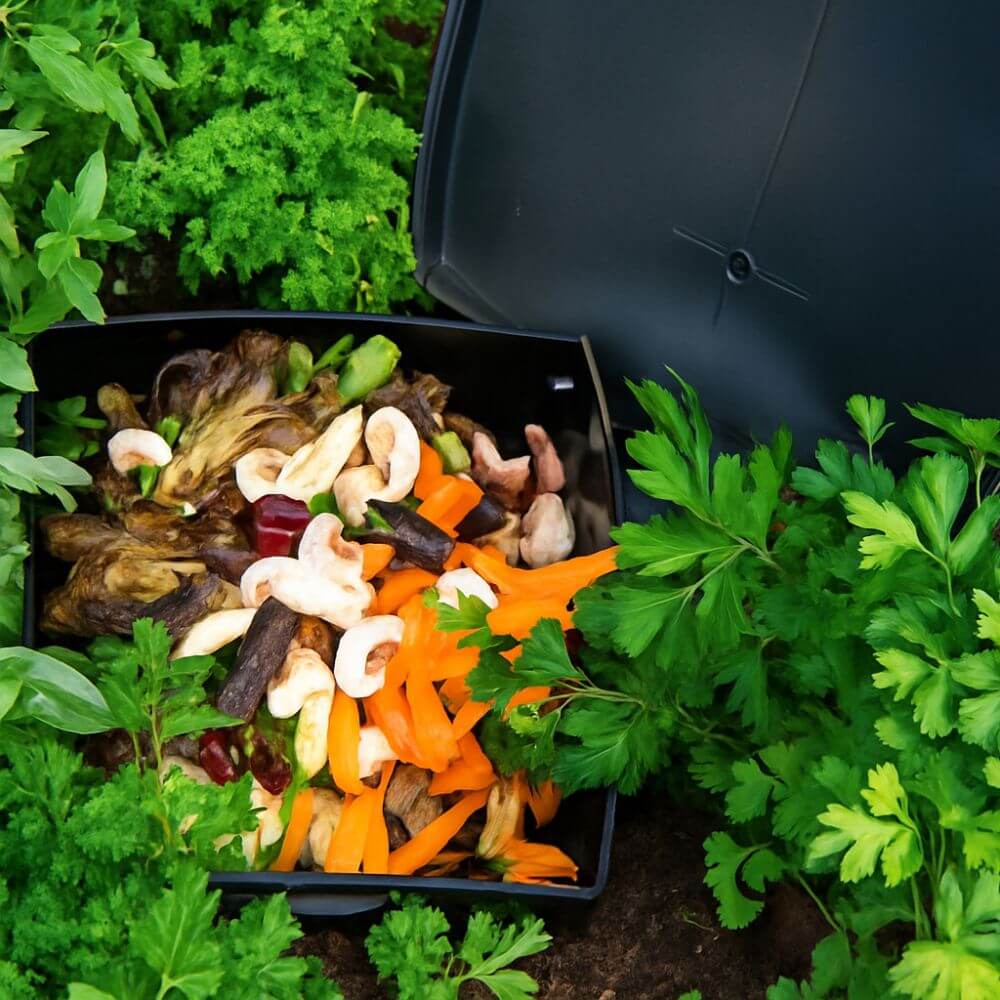 compost bin full of kitchen waste and burried