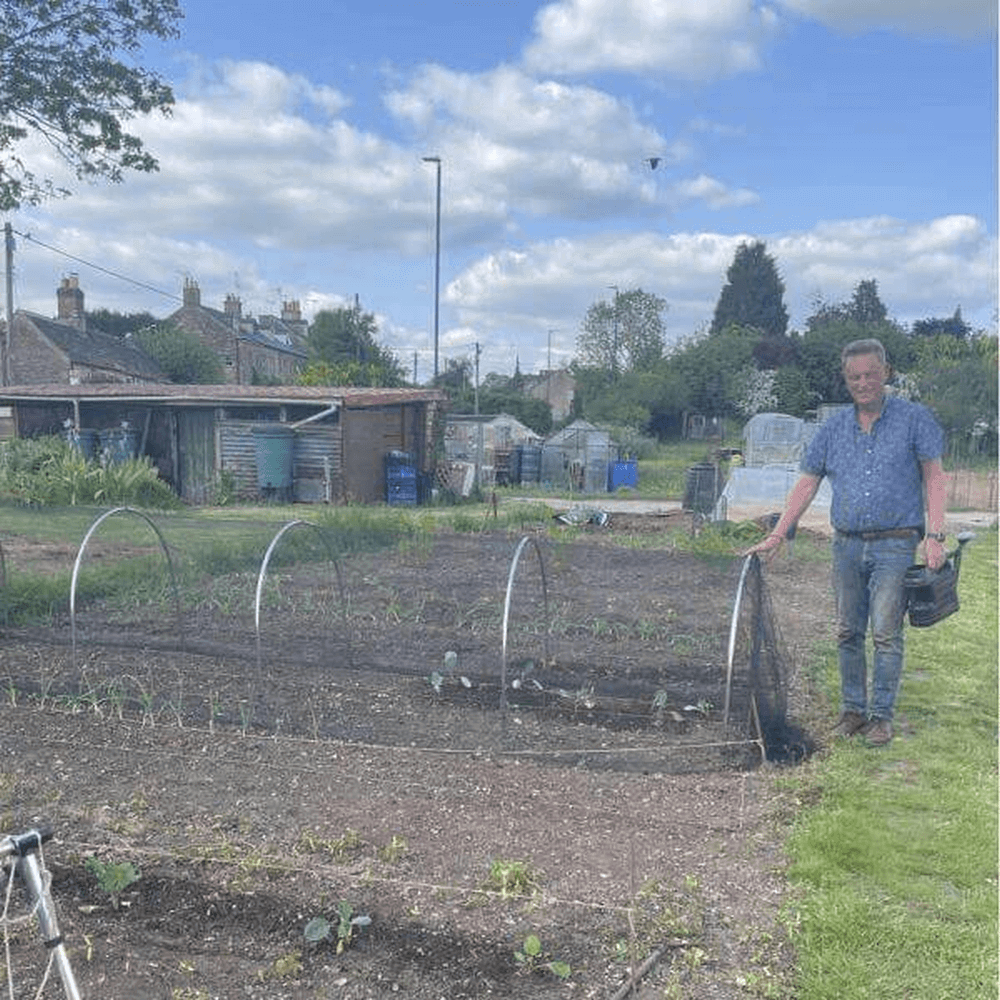 Man stood in allotment with a garden tunnel covered with butterfly netting