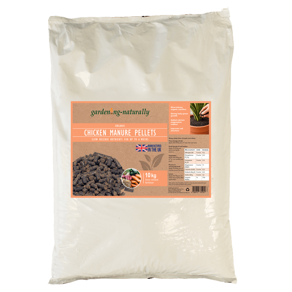 bag of chicken manure pellets in a white bag