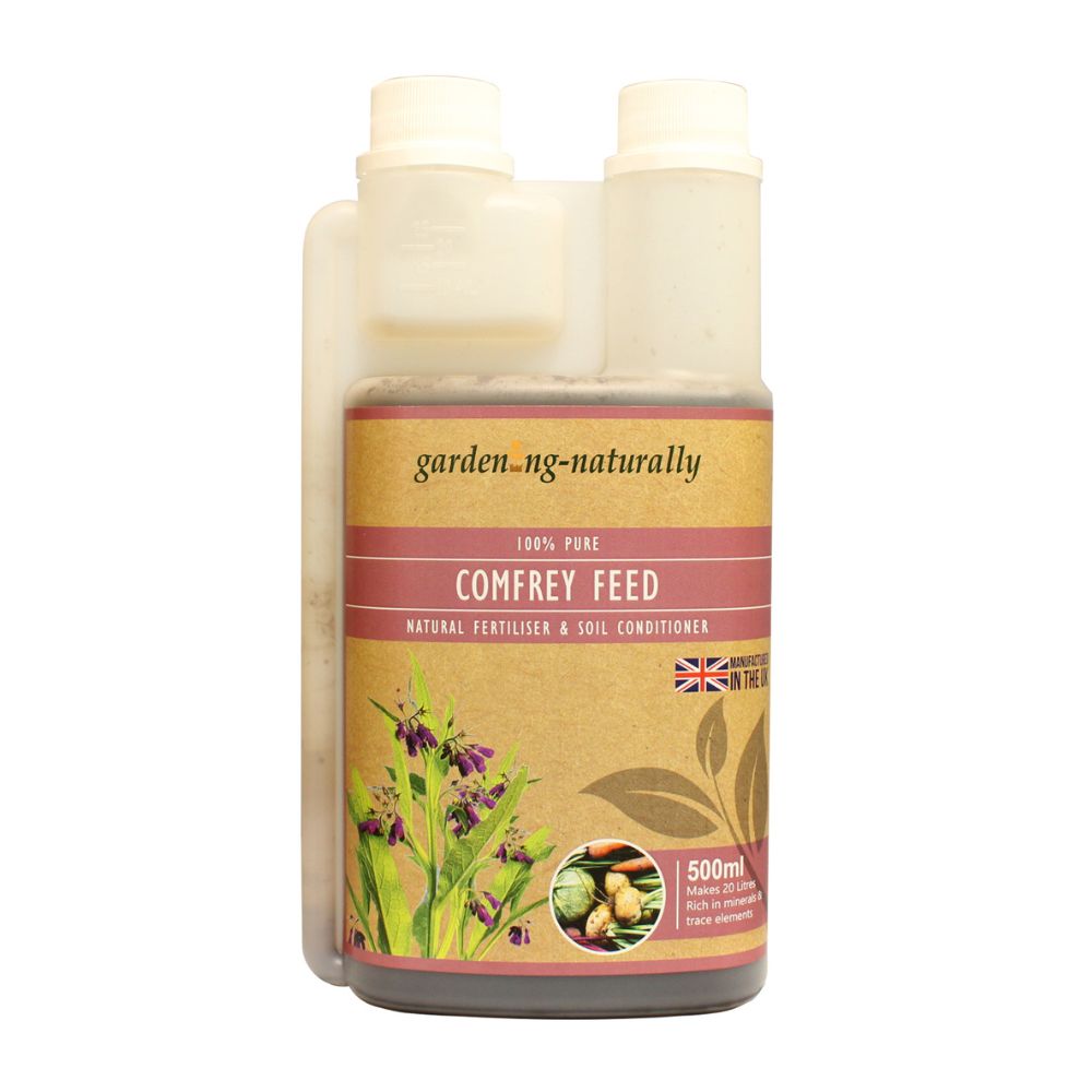 comfrey feed natural fertiliser bottle with label