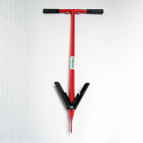 A red Darlac compost aerator tool with a 'T' shaped handle and folding arms with teeth