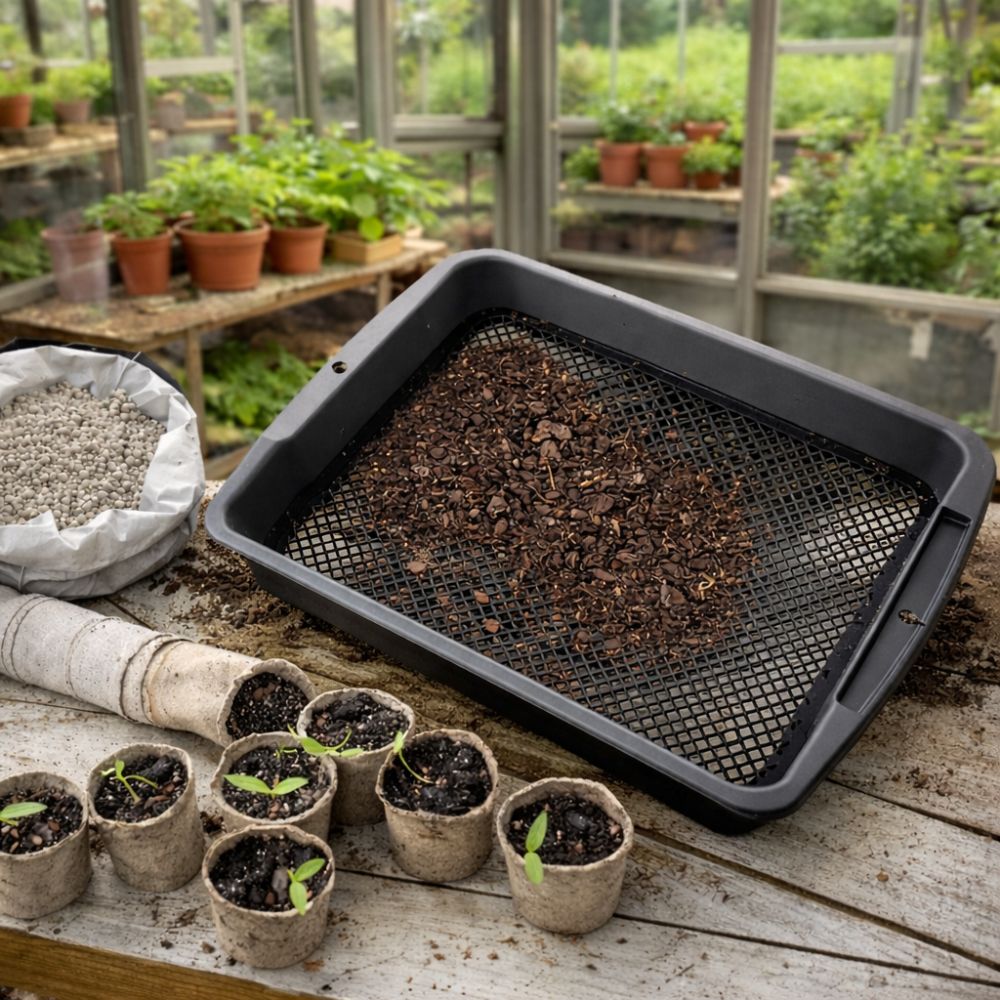 Black garden sieve with soil mix, small pots with seedlings, and a garden in the background.
