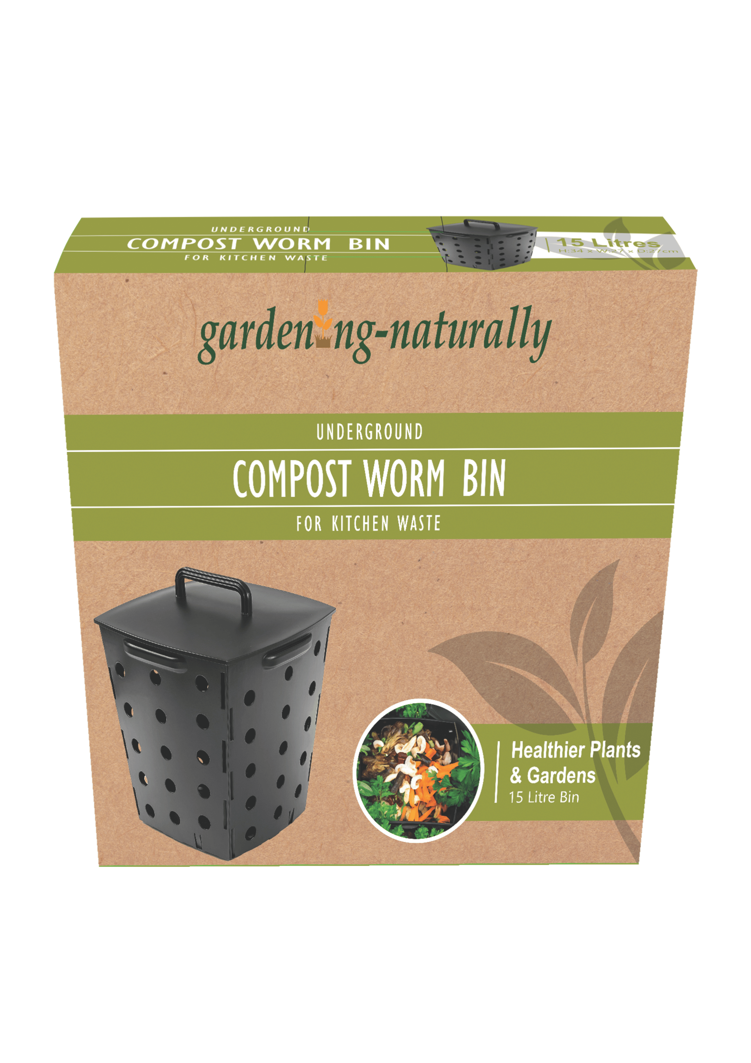 Gardening-Naturally compost worm bin packaging on a white background