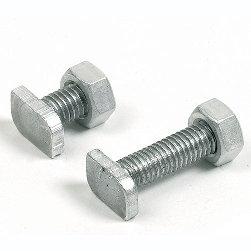 A pair of cropped head bolts and nuts, with a silver finish, designed for use in aluminium greenhouses.