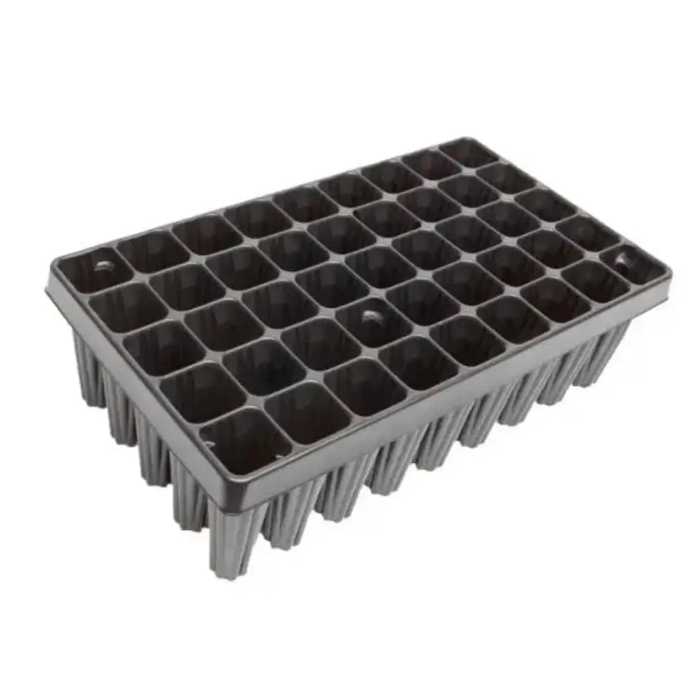 Black plastic seed tray with multiple compartments on a white background