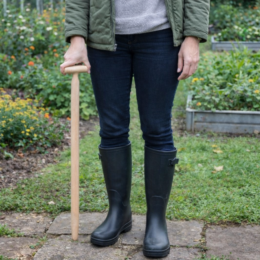 Person wearing black rain boots holding a wooden dibber in garden setting
