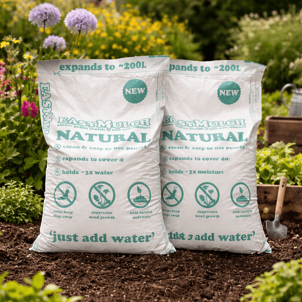 Two bags of EasyMulch Natural compost on a garden bed with plants in the background.