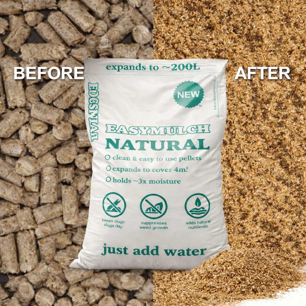 Bag of Easymulch Natural with 'Before' and 'After' text showing mulch expansion.