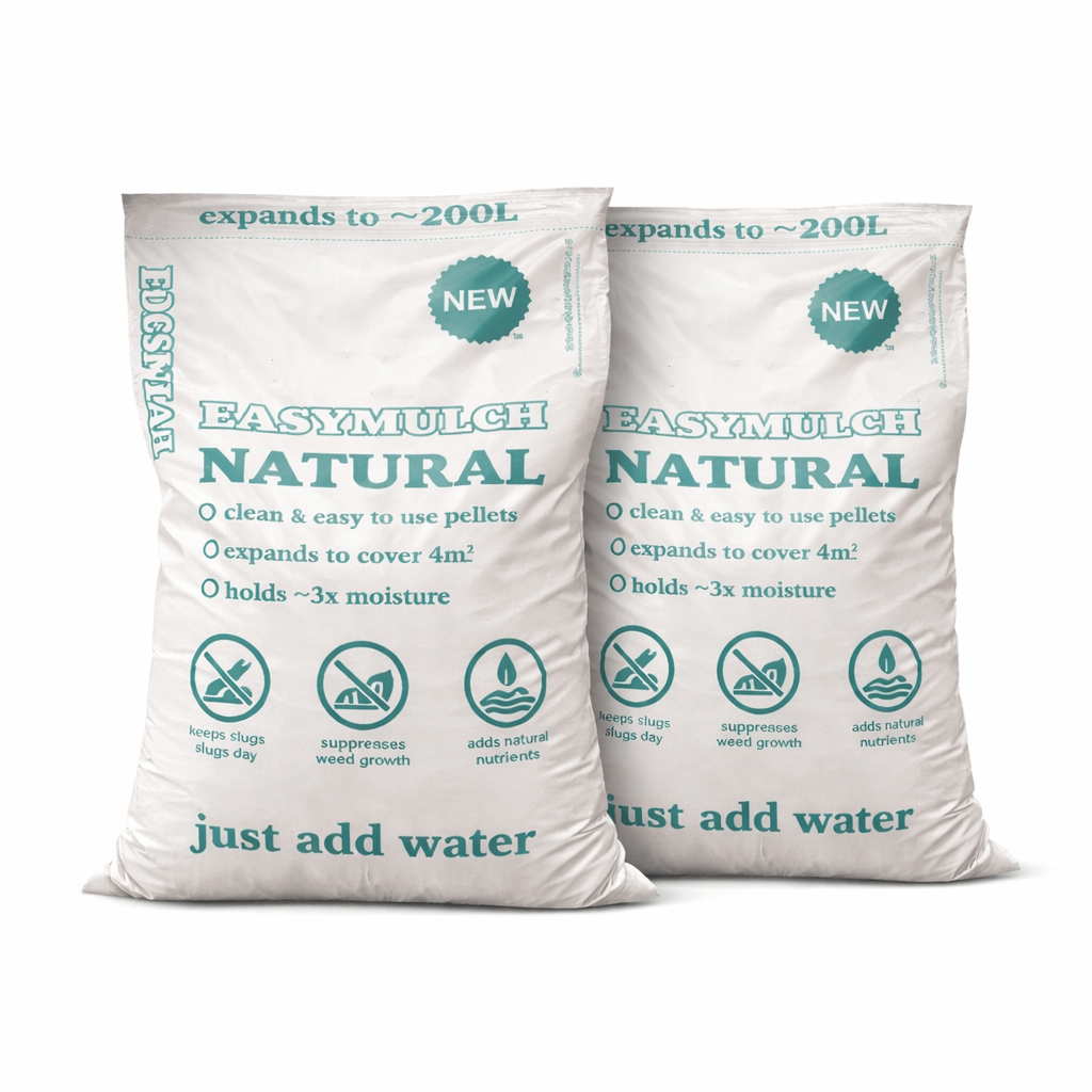 Two bags of EasyMulch Natural on a white background