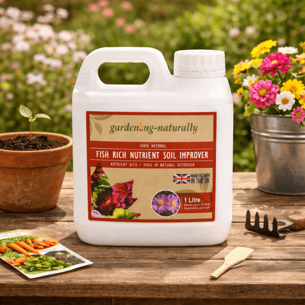 Garden soil improver container on a wooden table with gardening tools and plants.