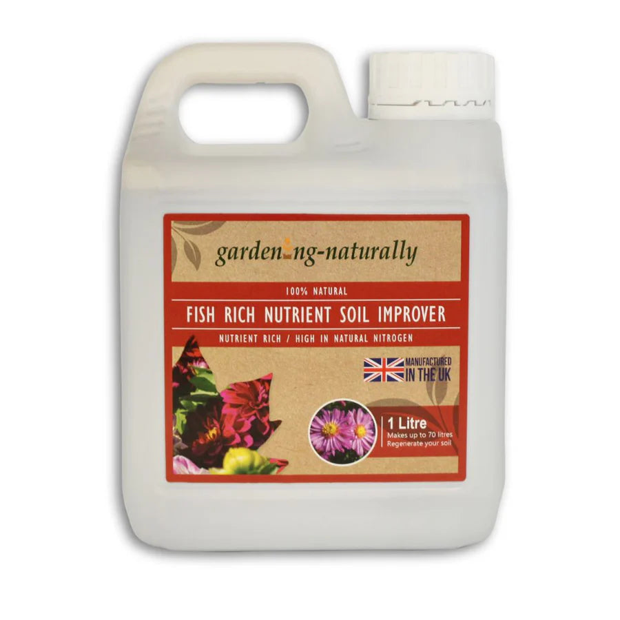 Garden Naturally fish rich nutrient soil improver container on a white background