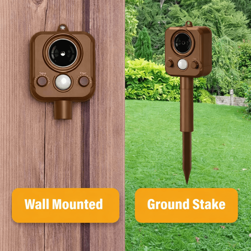 Two outdoor motion sensors, one wall-mounted and one on a ground stake, with labels indicating their installation methods.