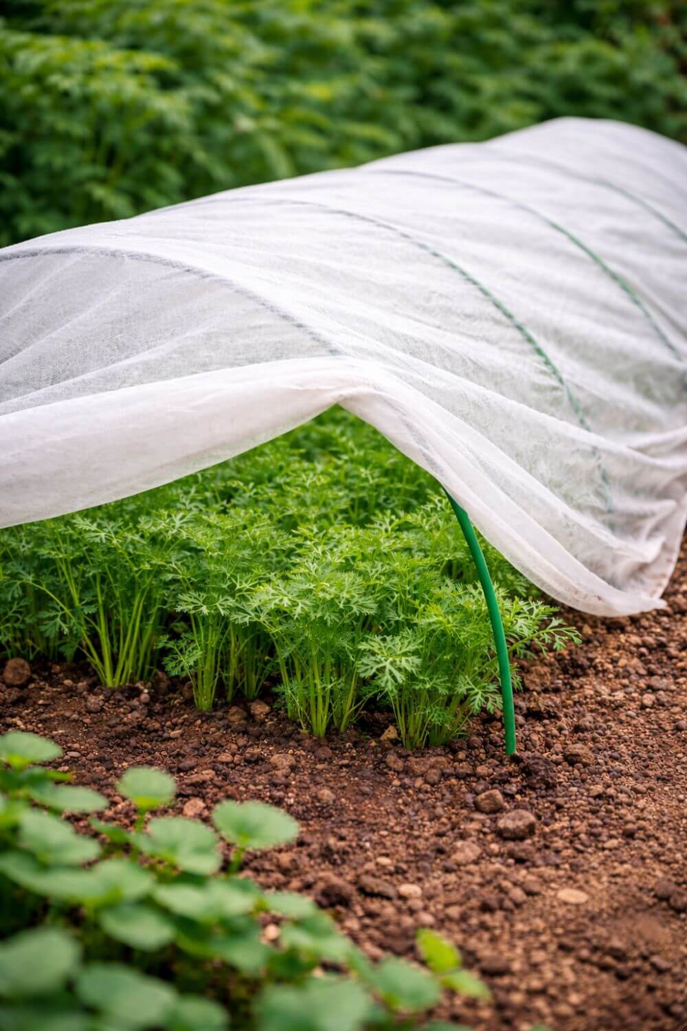Vegetable garden with white row cover and young plants