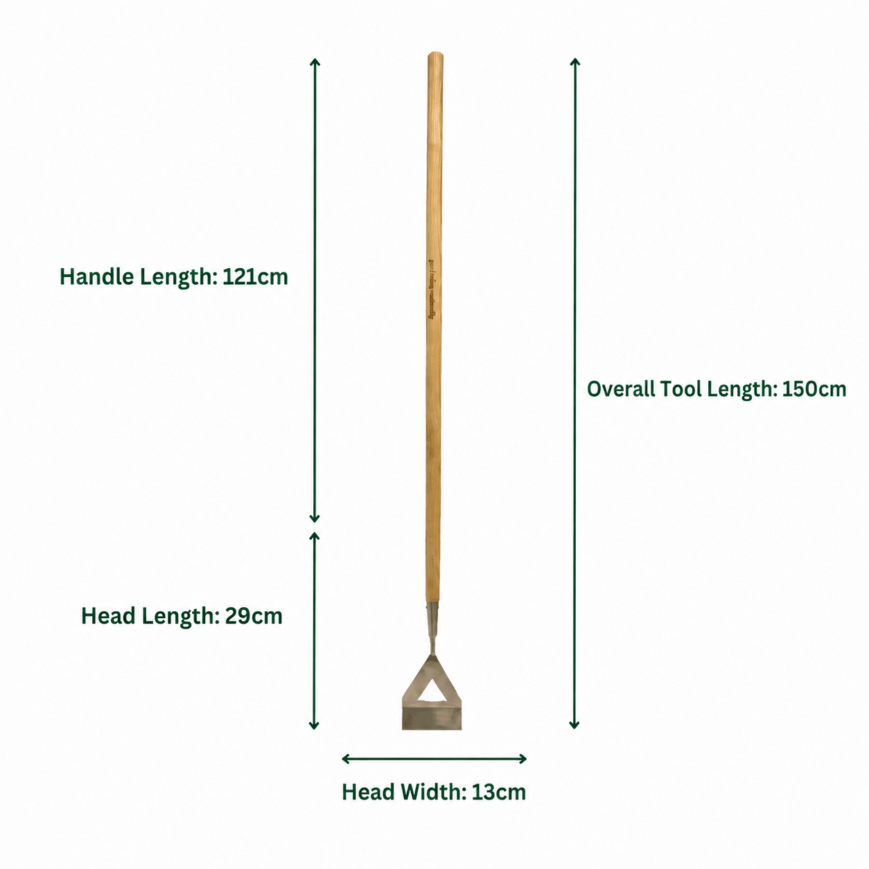 Gardening hoe with dimensions labeled on a white background