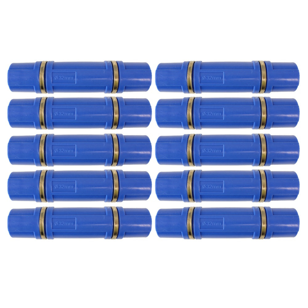 Twelve blue connectors with gold accents arranged in two rows on a white background.