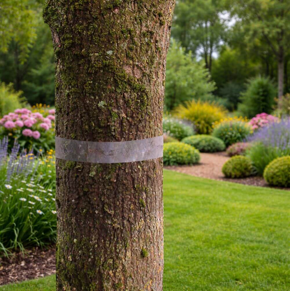 Glue band around fruit tree to stop insects in a garden