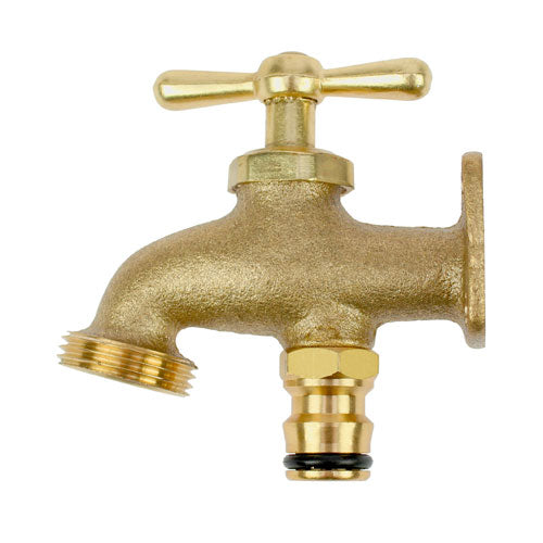 A brass hose end tap with a gold finish, featuring a screw-on attachment and a spout.
