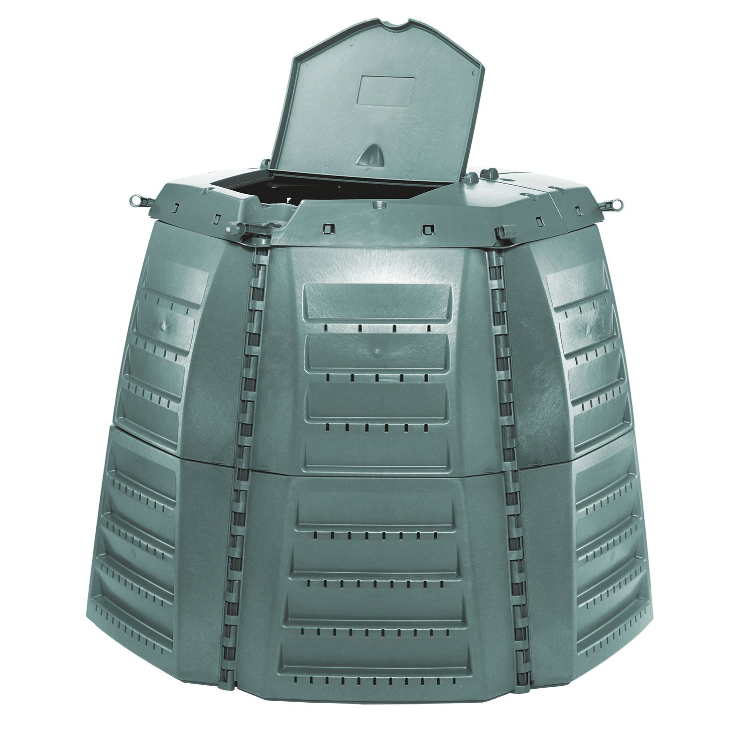 Green composter showing the lid open