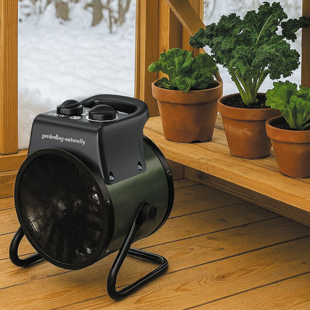 Black garden fan on a wooden deck with potted plants in the background