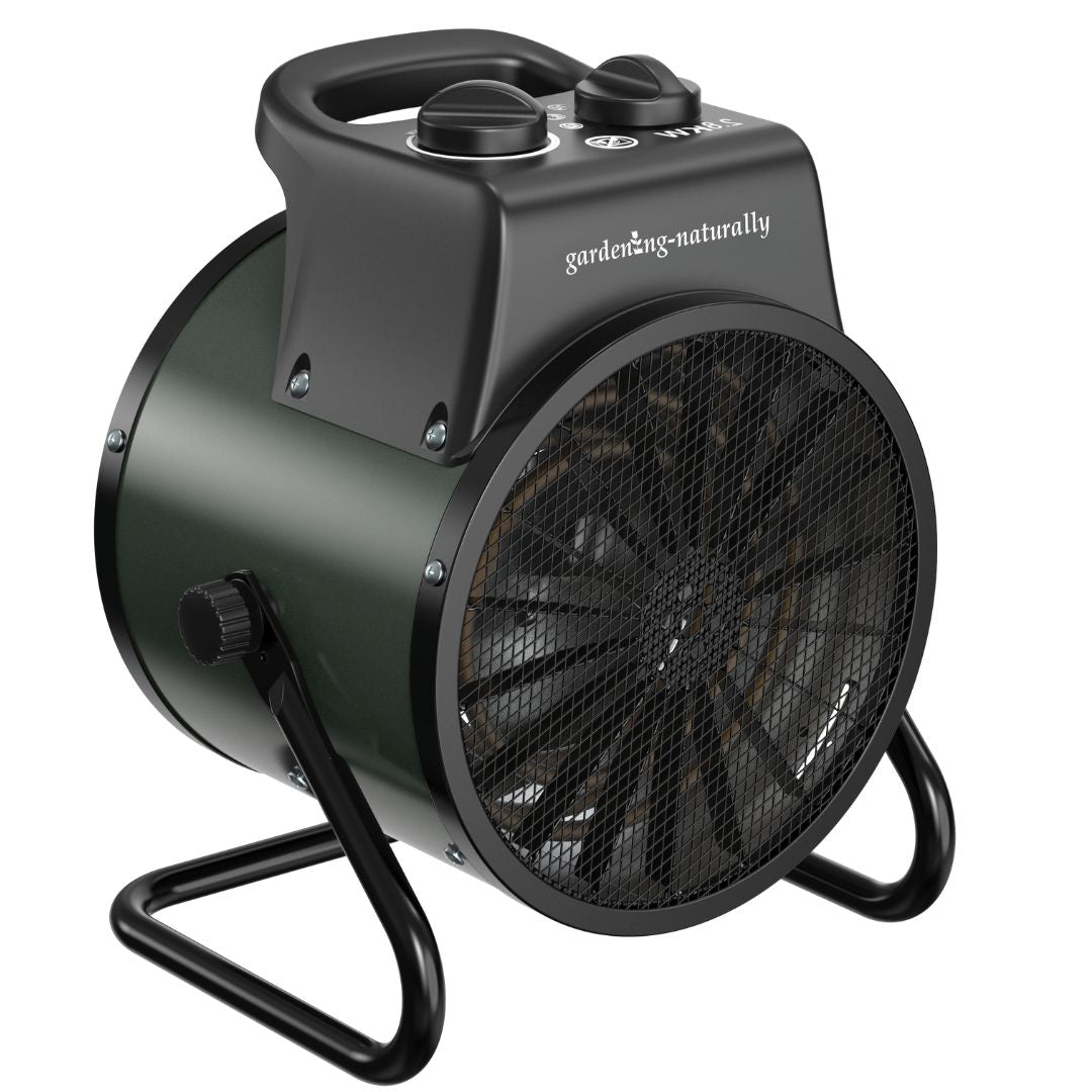 Black greenhouse fan heater with visible brand name on a white background