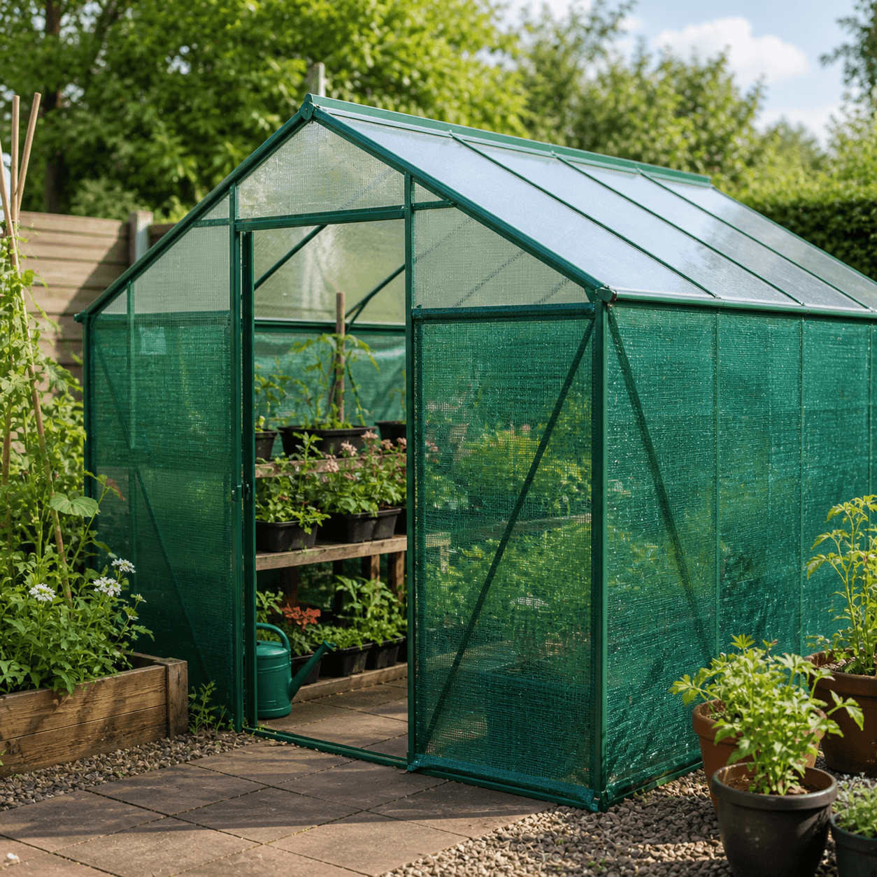 Green greenhouse with plants inside, surrounded by garden area.