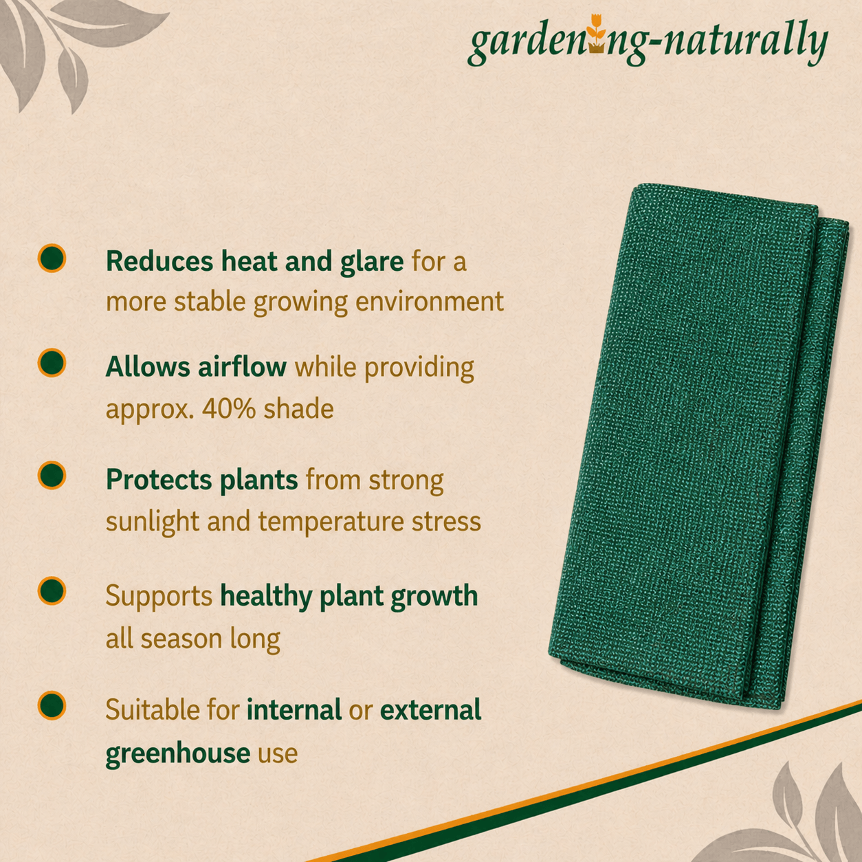Green plant cover with text detailing its benefits on a beige background