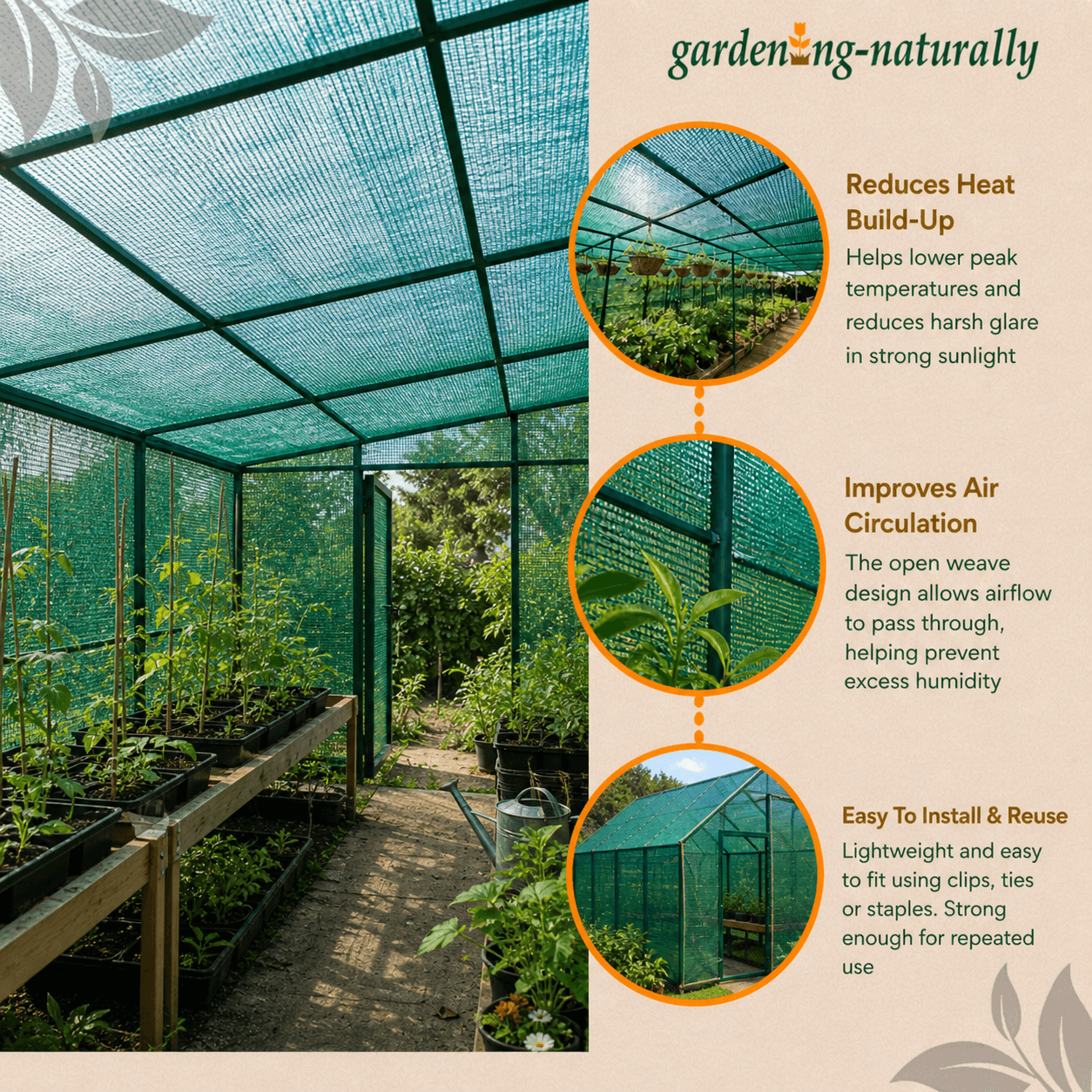 Greenhouse with mesh cover and gardening naturally product description on the right