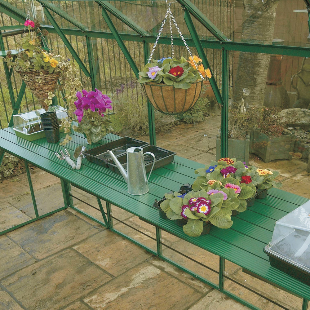 green shelves in greenhouse with hanging plants