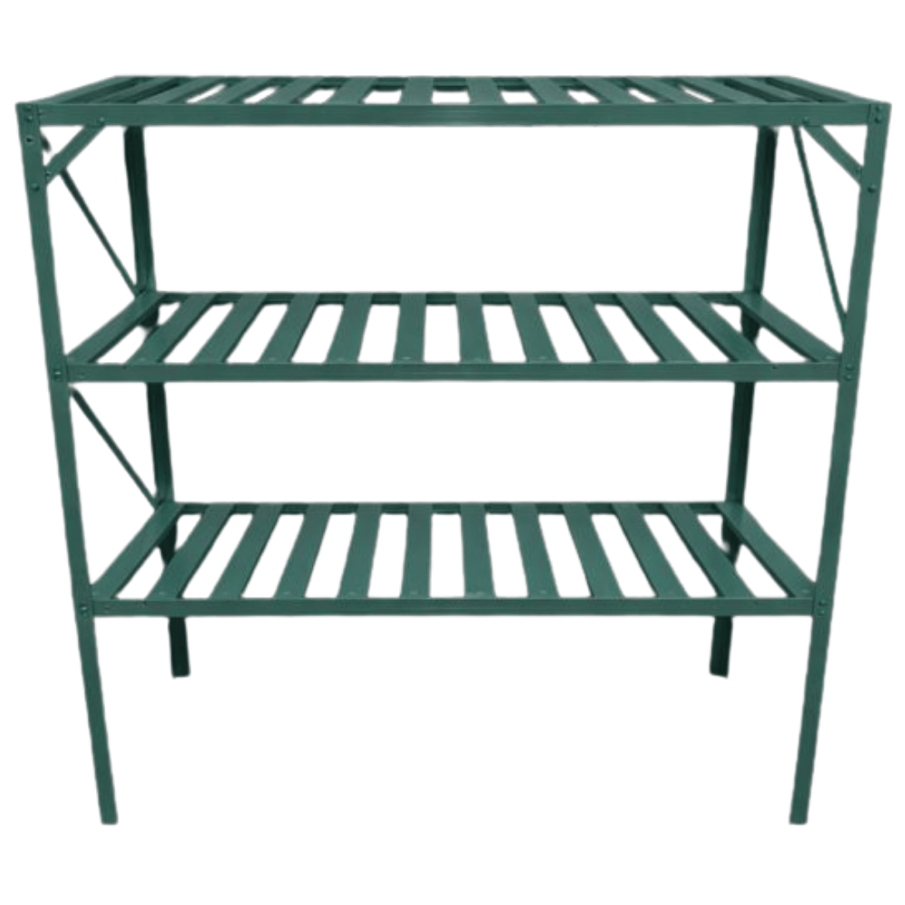 Green metal shelving unit with three shelves on a white background