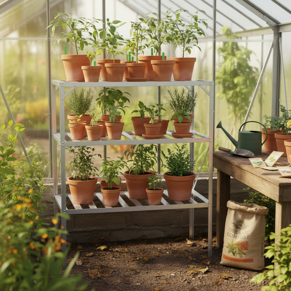 Terracotta pots with plants on a metal rack in a greenhouse setting.