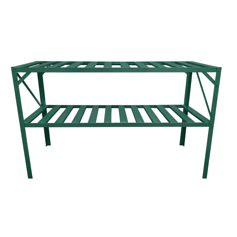 Green metal shelving unit on a white background