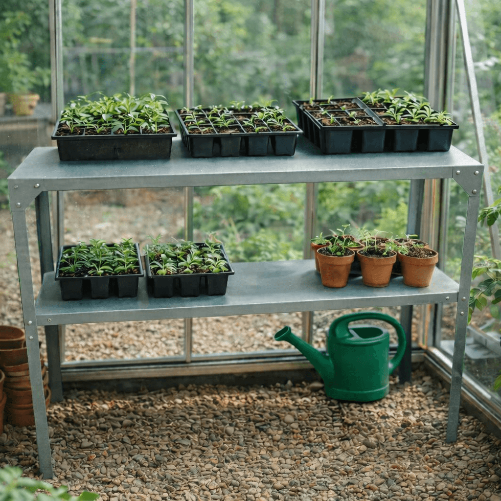 Greenhouse setting with seedlings in trays and pots on a metal shelf.