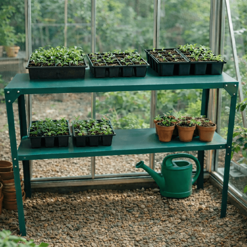 Green metal greenhouse shelving with seed trays and small plants in a greenhouse setting.