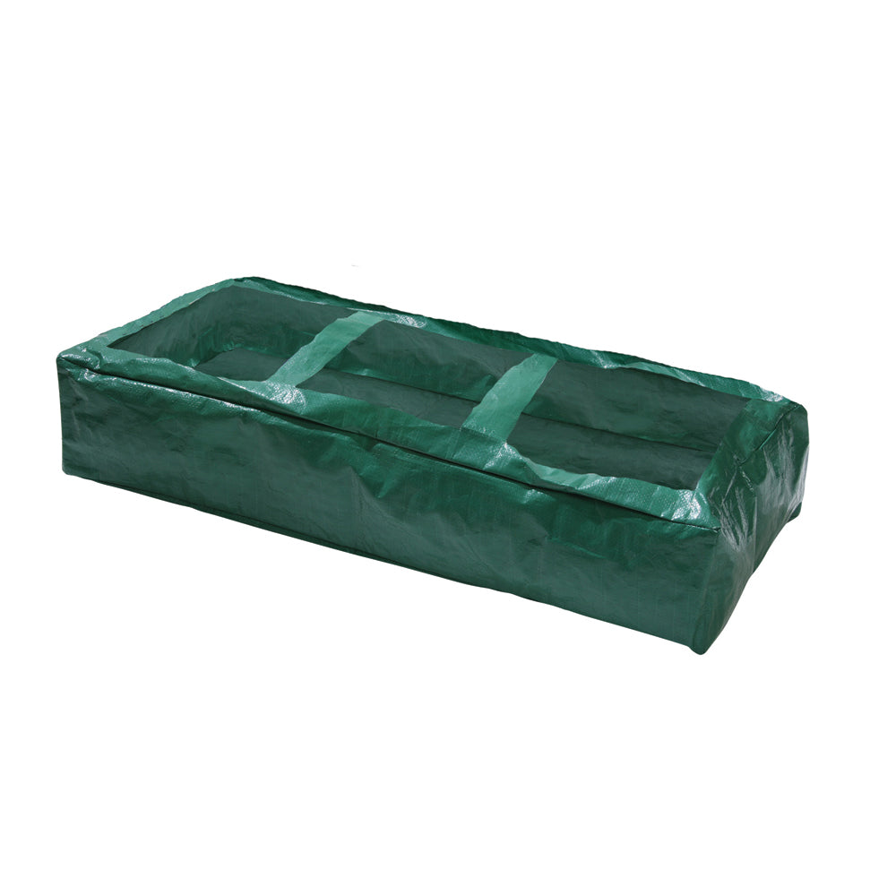 A green reusable grow bag made of woven polyethylene material, designed for gardening.
