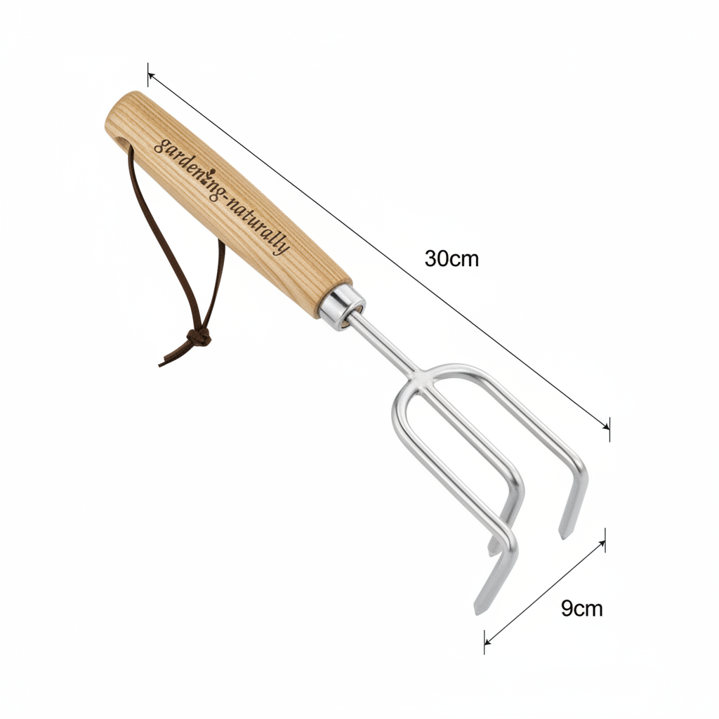 Gardening tool with wooden handle and metal prongs, labeled 'gardening-naturally', shown with measurements on a white background.